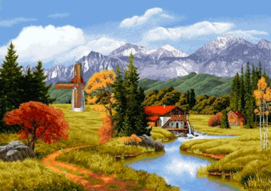 Анимационная картинка пейзажа с мельницей и речкой