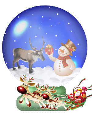 анимация шар со снегом, снеговик и олень